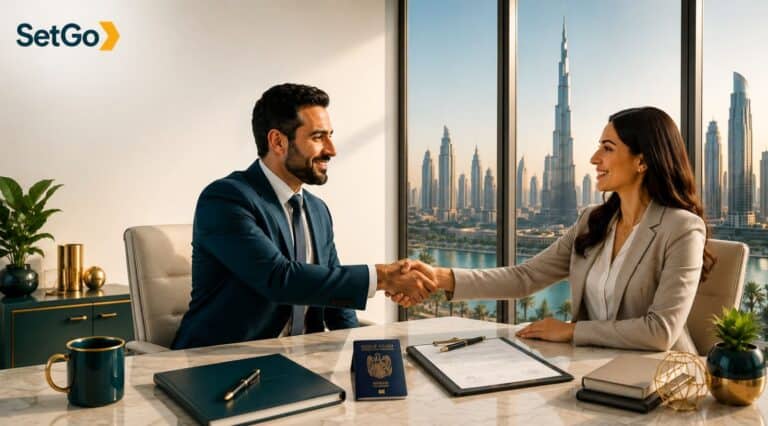 تأشيرة شريك تجاري دبي 2026 - اجتماع شركاء أعمال لاستخراج تأشيرة الإقامة في دبي